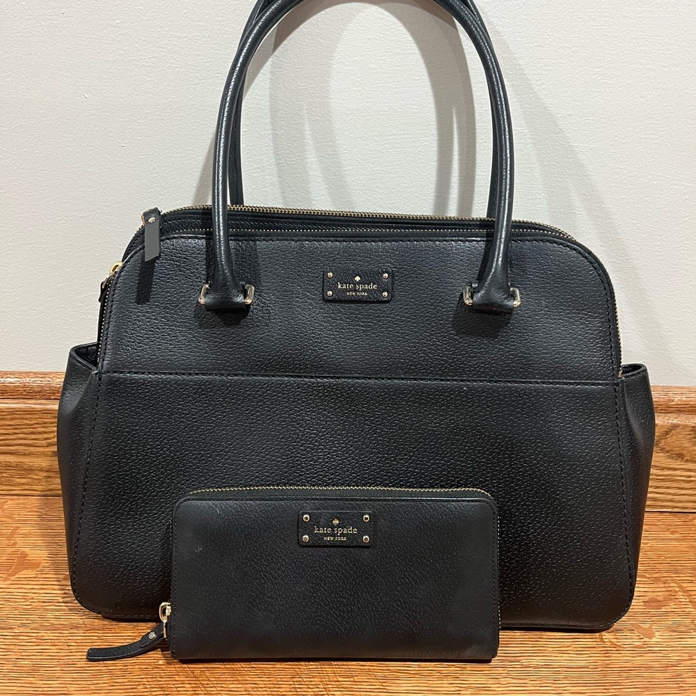 kate spade Black Pebbled Leather Satchel with Matching Zip Wallet
